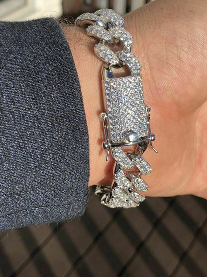 HarlemBling Mens Miami Cuban Link Bracelet Real Icy Solid 925 Silver HEAVY 15mm Iced Diamond