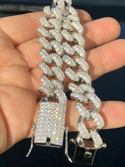 HarlemBling Mens Miami Cuban Link Bracelet Real Icy Solid 925 Silver HEAVY 15mm Iced Diamond