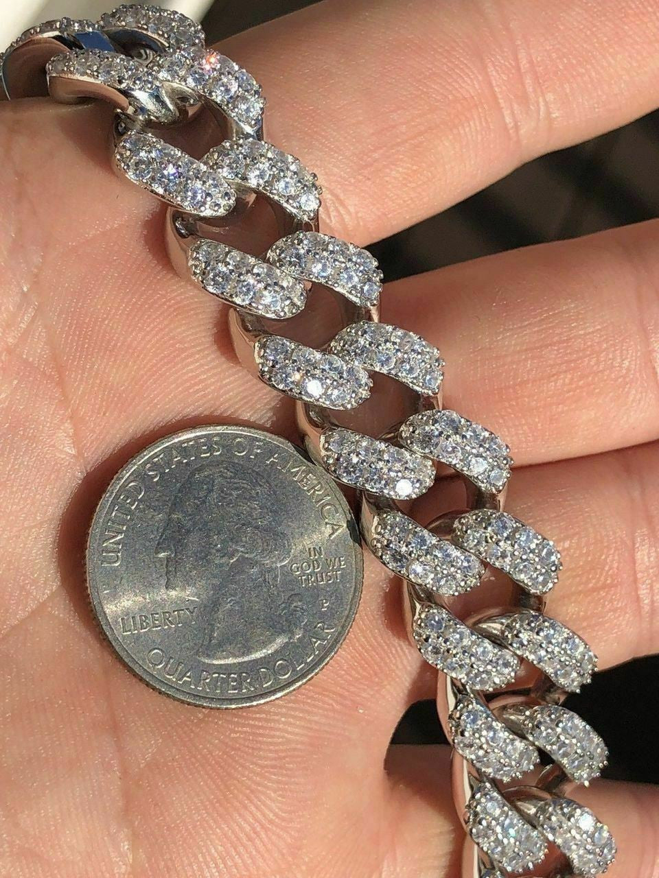 HarlemBling Mens Miami Cuban Link Bracelet Real Icy Solid 925 Silver HEAVY 15mm Iced Diamond