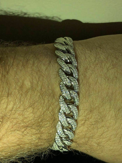 HarlemBling Mens Miami Cuban Link Bracelet Real Icy Solid 925 Silver Man Made Diamonds 12mm Iced