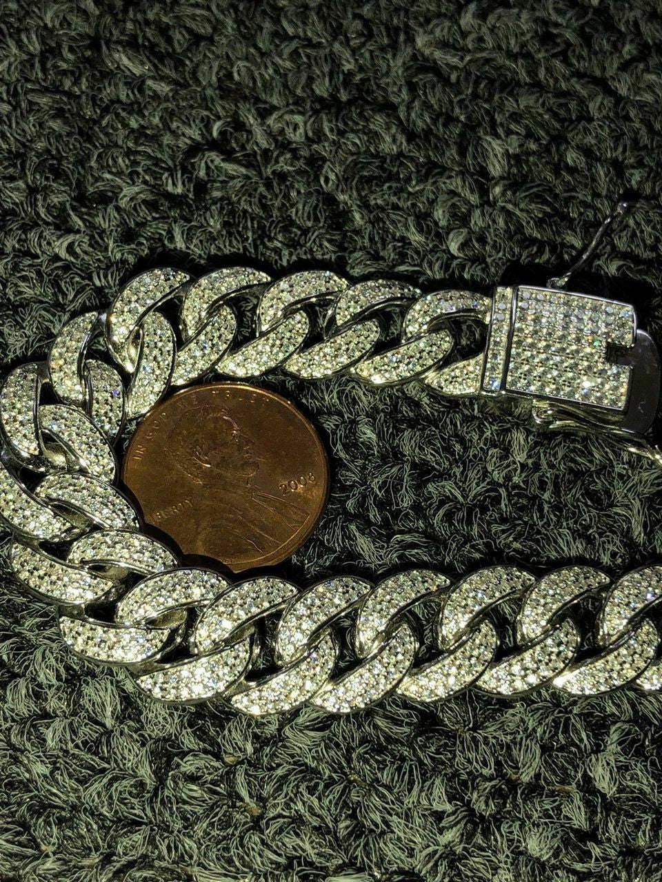 HarlemBling Mens Miami Cuban Link Bracelet Real Icy Solid 925 Silver Man Made Diamonds 12mm Iced