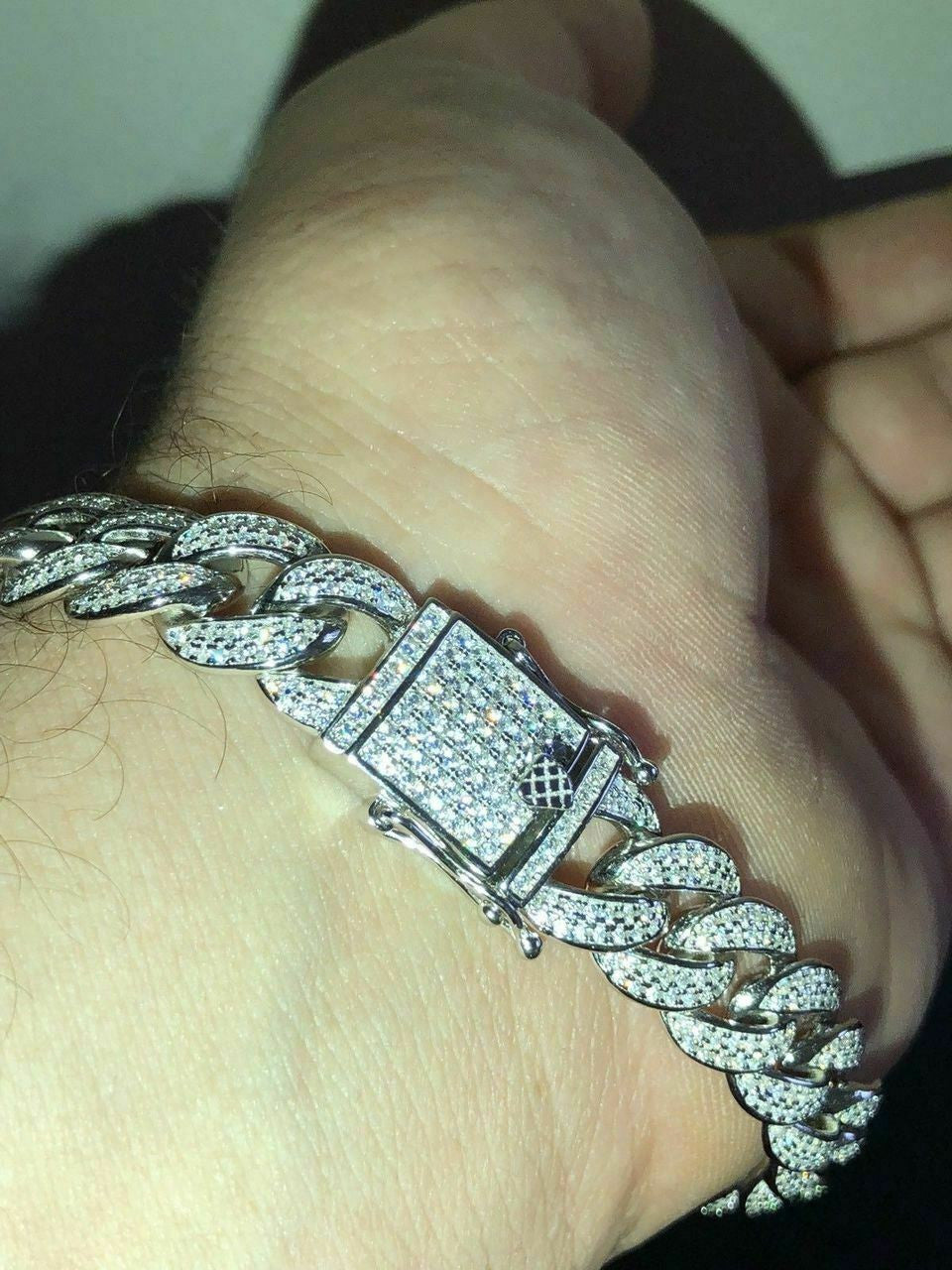 HarlemBling Mens Miami Cuban Link Bracelet Real Icy Solid 925 Silver Man Made Diamonds 12mm Iced