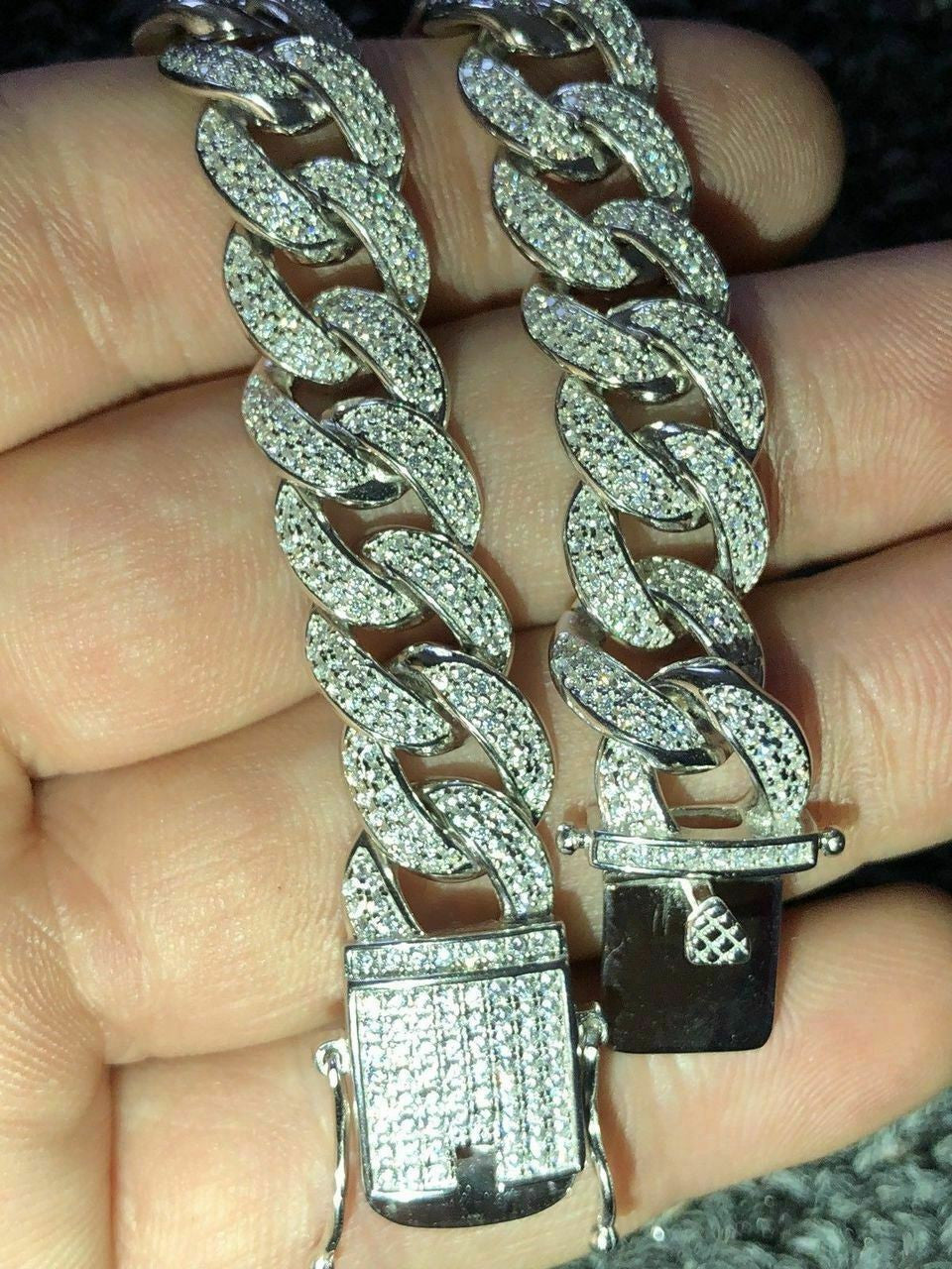 HarlemBling Mens Miami Cuban Link Bracelet Real Icy Solid 925 Silver Man Made Diamonds 12mm Iced