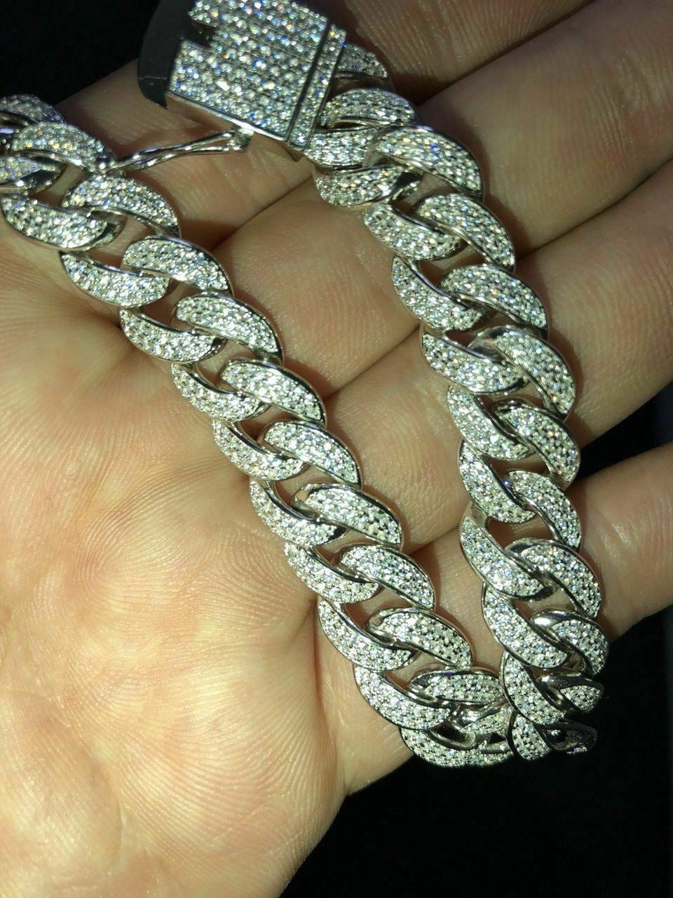 HarlemBling Mens Miami Cuban Link Bracelet Real Icy Solid 925 Silver Man Made Diamonds 12mm Iced