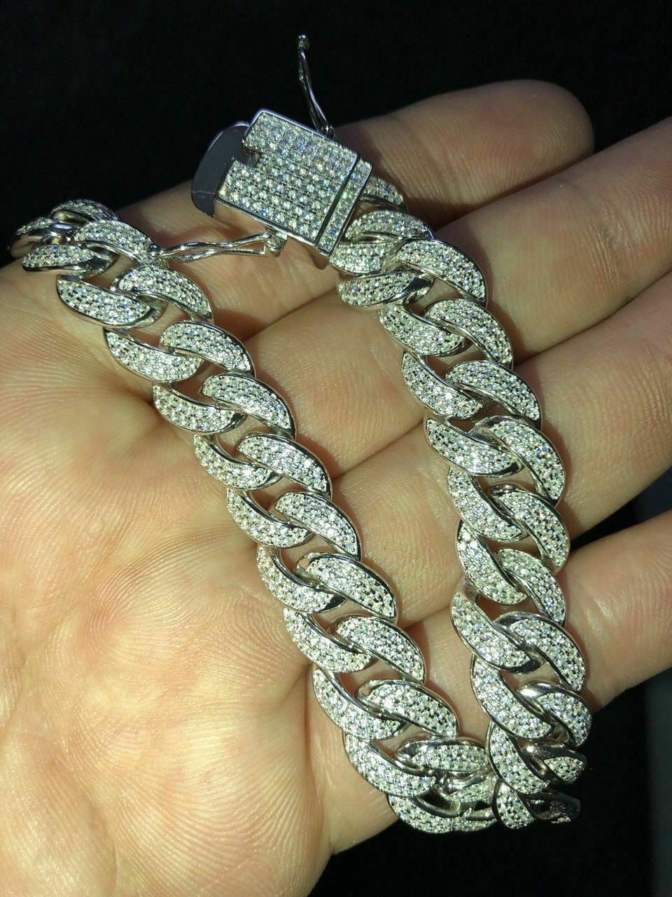 HarlemBling Mens Miami Cuban Link Bracelet Real Icy Solid 925 Silver Man Made Diamonds 12mm Iced