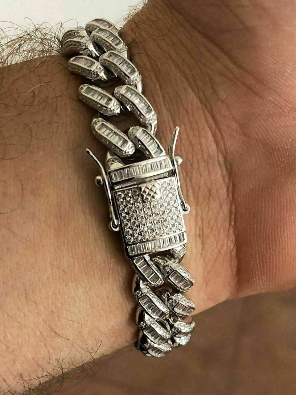 HarlemBling Mens Miami Cuban Link Bracelet Real Solid 925 Silver Baguette Diamonds Heavy