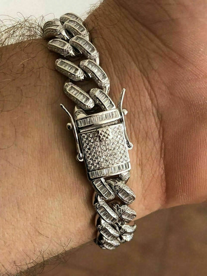 HarlemBling Mens Miami Cuban Link Bracelet Real Solid 925 Silver Baguette Diamonds Heavy