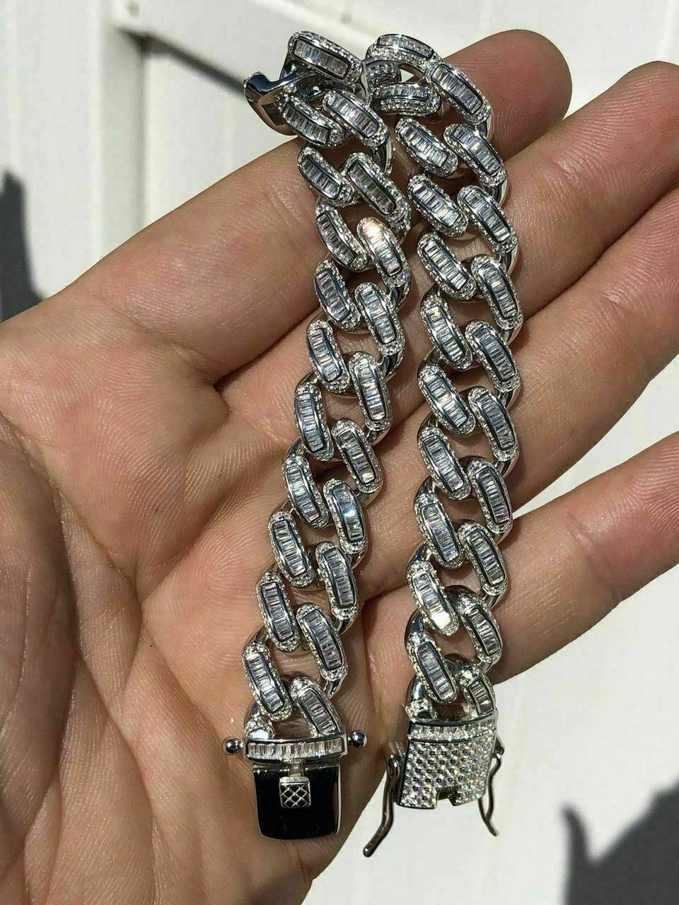 HarlemBling Mens Miami Cuban Link Bracelet Real Solid 925 Silver Baguette Diamonds Heavy