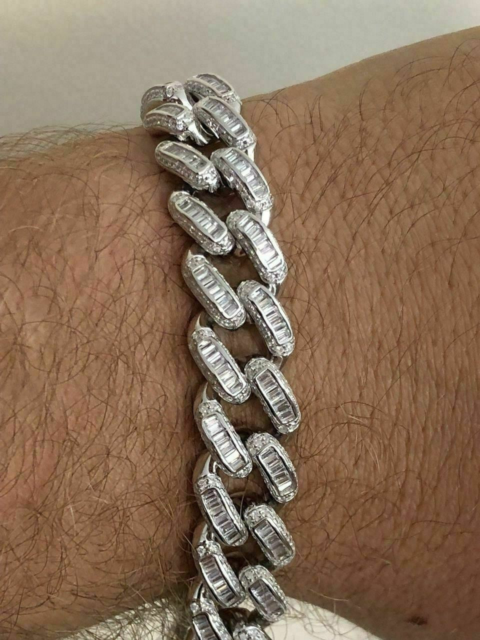 HarlemBling Mens Miami Cuban Link Bracelet Real Solid 925 Silver Baguette Diamonds Heavy