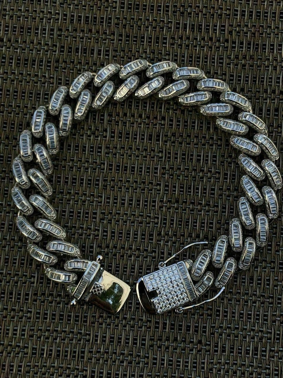 HarlemBling Mens Miami Cuban Link Bracelet Real Solid 925 Silver Baguette Diamonds Heavy