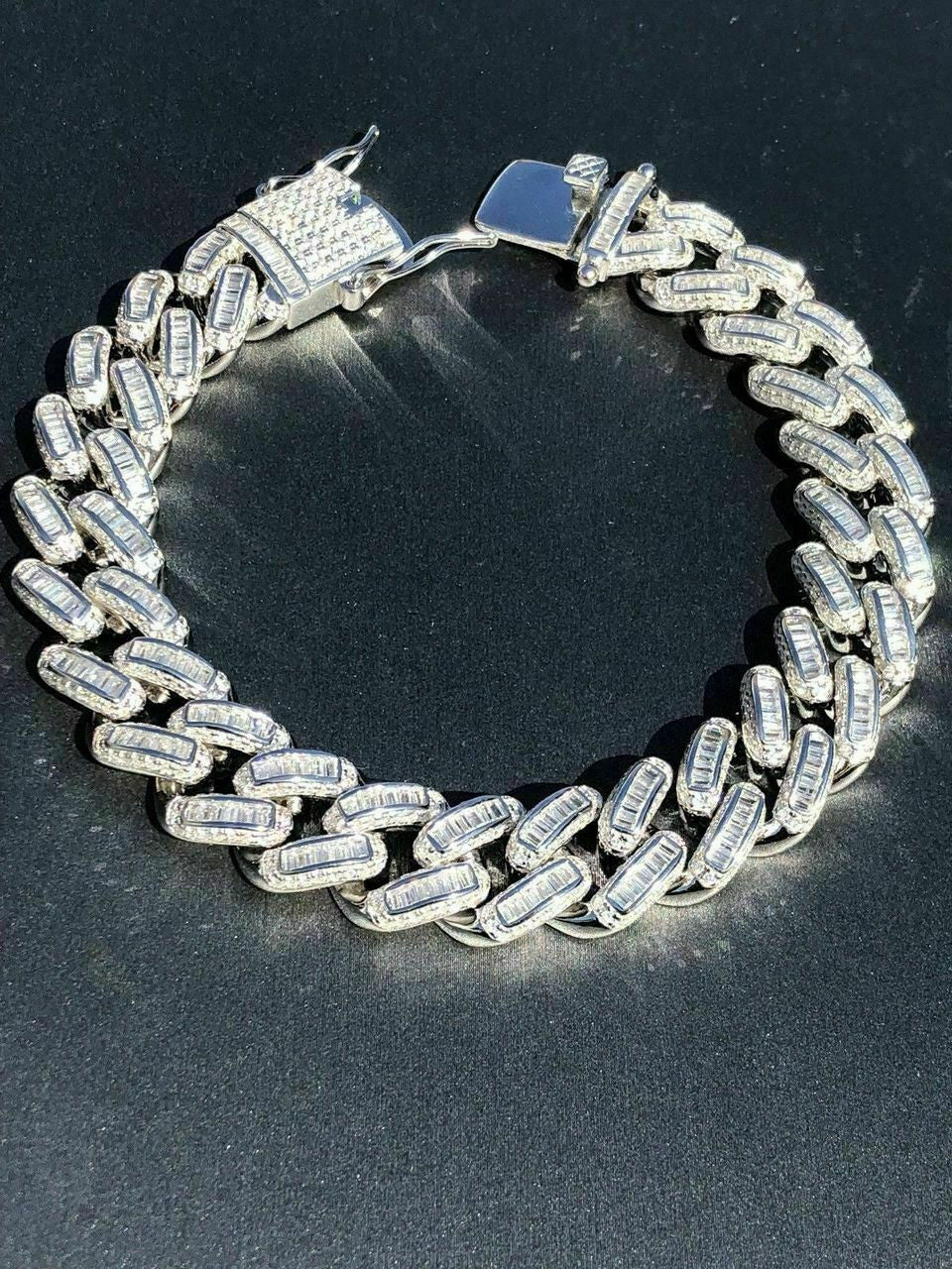 HarlemBling Mens Miami Cuban Link Bracelet Real Solid 925 Silver Baguette Diamonds Heavy