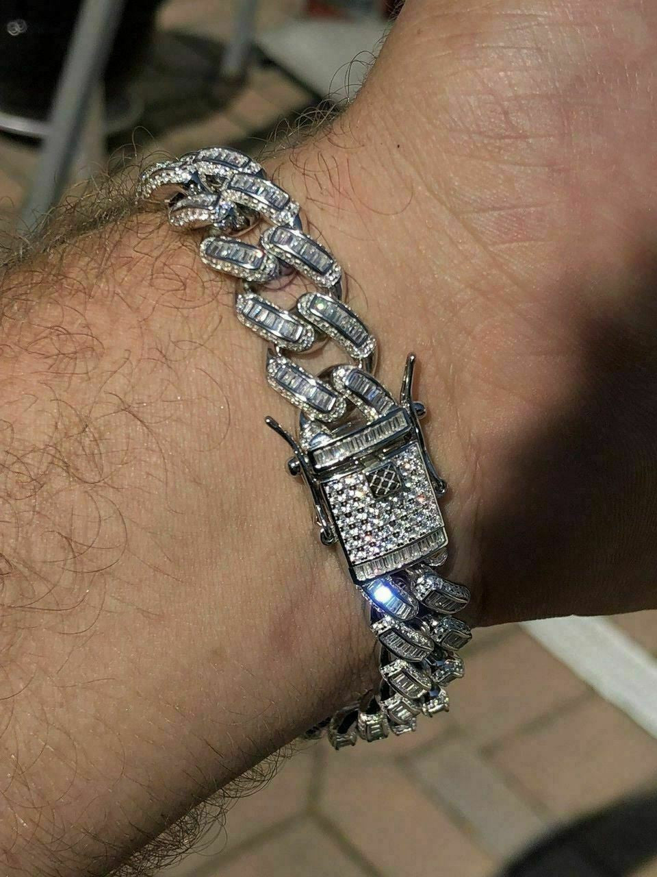 HarlemBling Mens Miami Cuban Link Bracelet Real Solid 925 Silver Baguette Diamonds Heavy