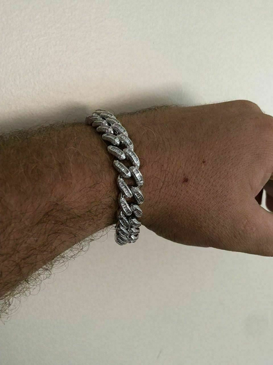 HarlemBling Mens Miami Cuban Link Bracelet Real Solid 925 Silver Baguette Diamonds Heavy