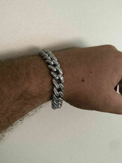 HarlemBling Mens Miami Cuban Link Bracelet Real Solid 925 Silver Baguette Diamonds Heavy
