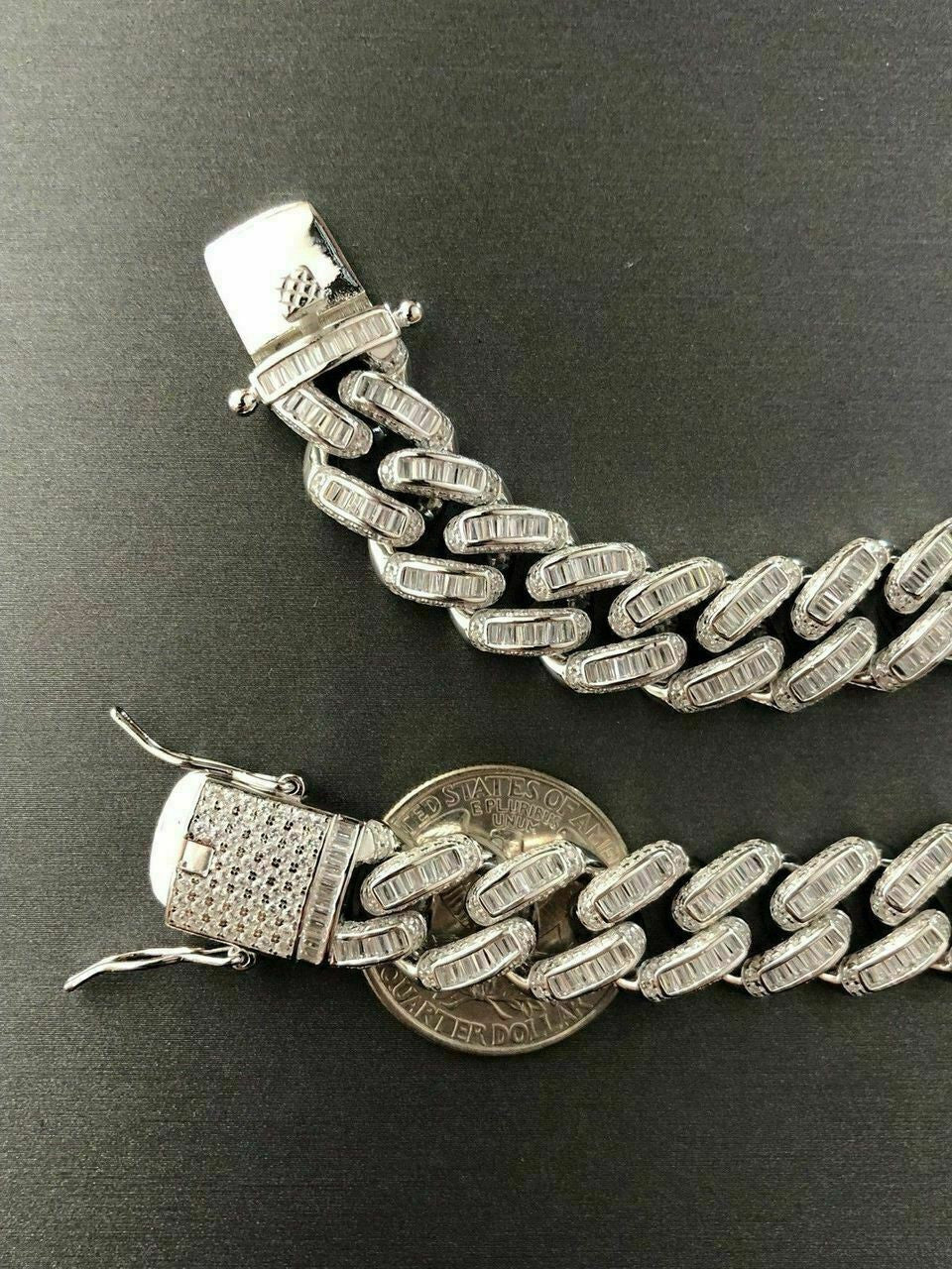 HarlemBling Mens Miami Cuban Link Bracelet Real Solid 925 Silver Baguette Diamonds Heavy