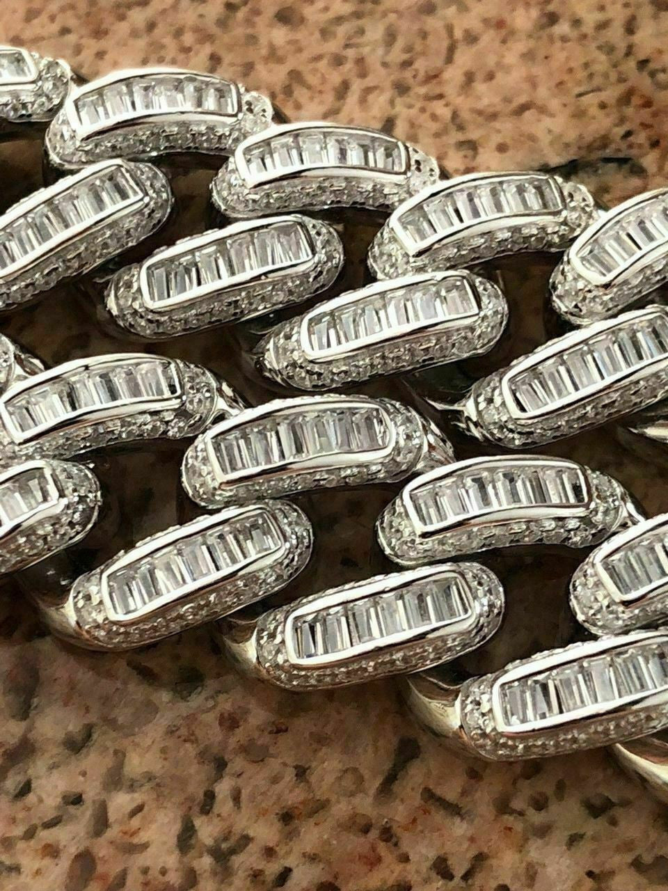 HarlemBling Mens Miami Cuban Link Bracelet Real Solid 925 Silver Baguette Diamonds Heavy
