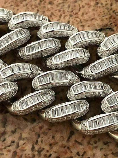 HarlemBling Mens Miami Cuban Link Bracelet Real Solid 925 Silver Baguette Diamonds Heavy