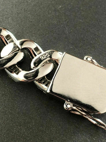 HarlemBling Mens Miami Cuban Link Bracelet Real Solid 925 Silver Baguette Diamonds Heavy