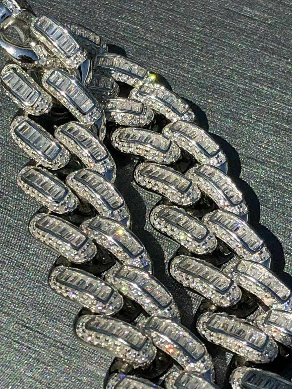 HarlemBling Mens Miami Cuban Link Bracelet Real Solid 925 Silver Baguette Diamonds Heavy