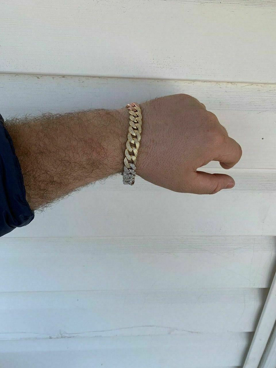 HarlemBling Mens Miami Cuban Link Bracelet Real Solid 925 Silver Diamonds 12mm Tri Color ICY