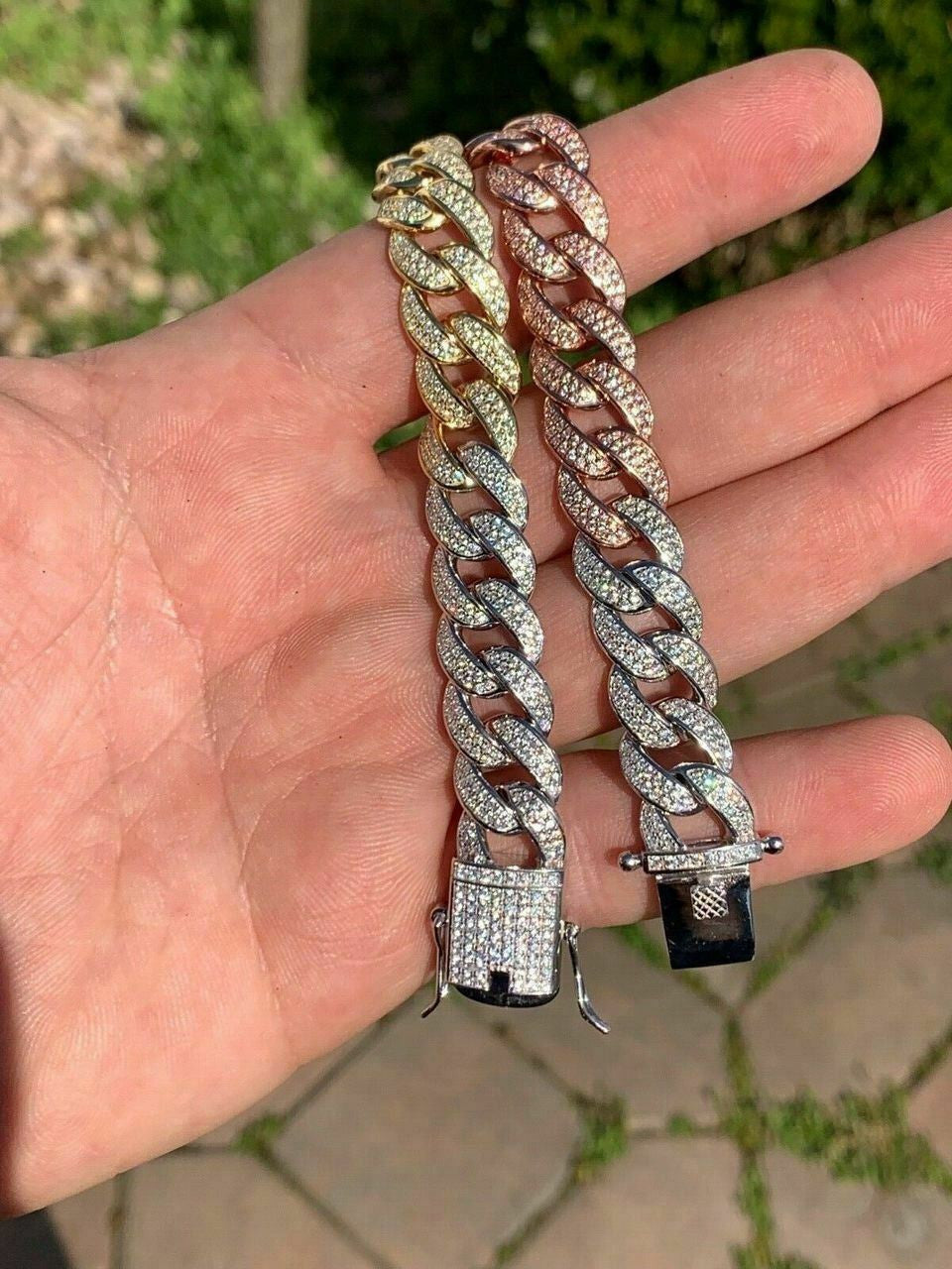 HarlemBling Mens Miami Cuban Link Bracelet Real Solid 925 Silver Diamonds 12mm Tri Color ICY