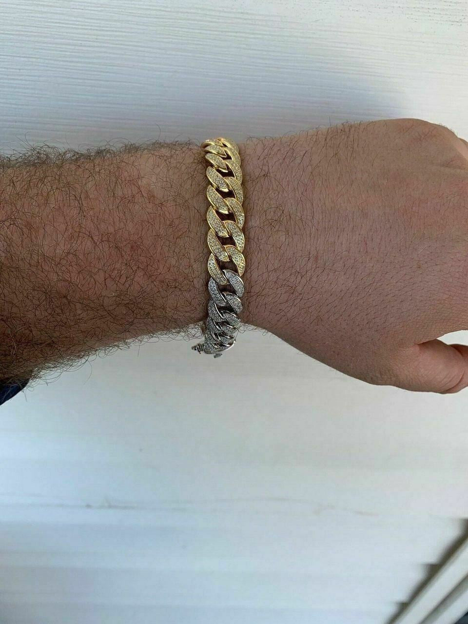 HarlemBling Mens Miami Cuban Link Bracelet Real Solid 925 Silver Diamonds 12mm Tri Color ICY