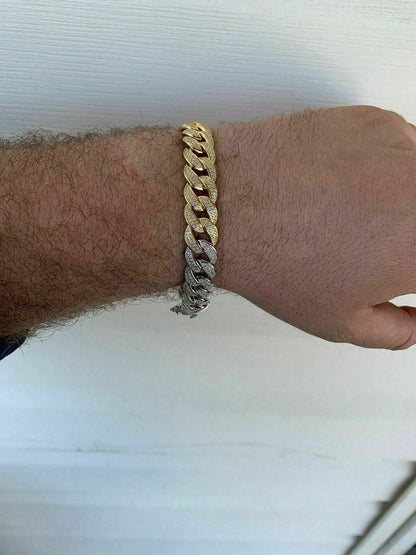 HarlemBling Mens Miami Cuban Link Bracelet Real Solid 925 Silver Diamonds 12mm Tri Color ICY