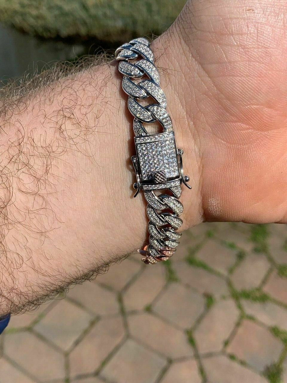 HarlemBling Mens Miami Cuban Link Bracelet Real Solid 925 Silver Diamonds 12mm Tri Color ICY