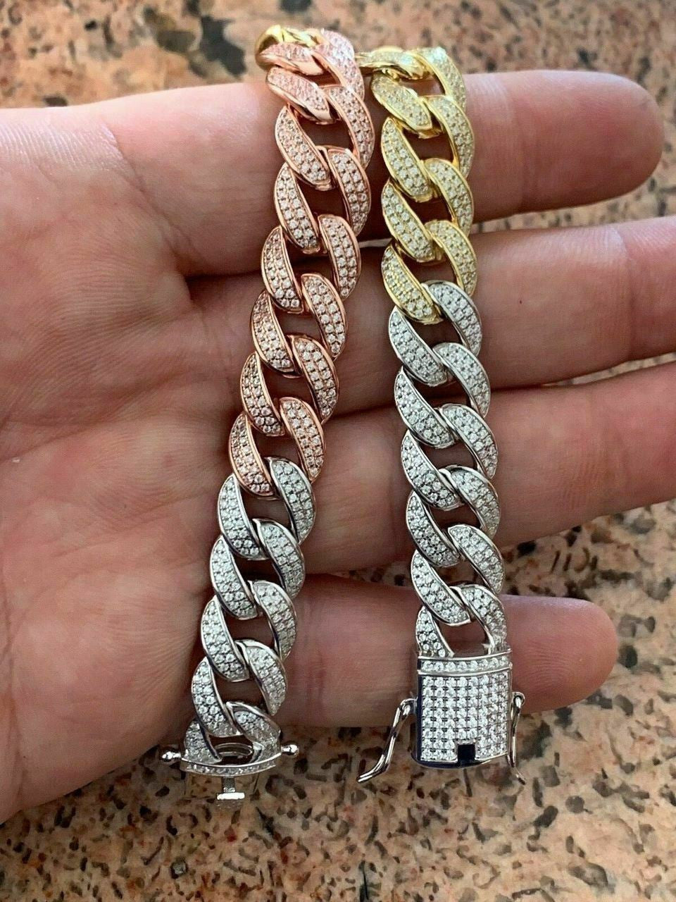 HarlemBling Mens Miami Cuban Link Bracelet Real Solid 925 Silver Diamonds 12mm Tri Color ICY
