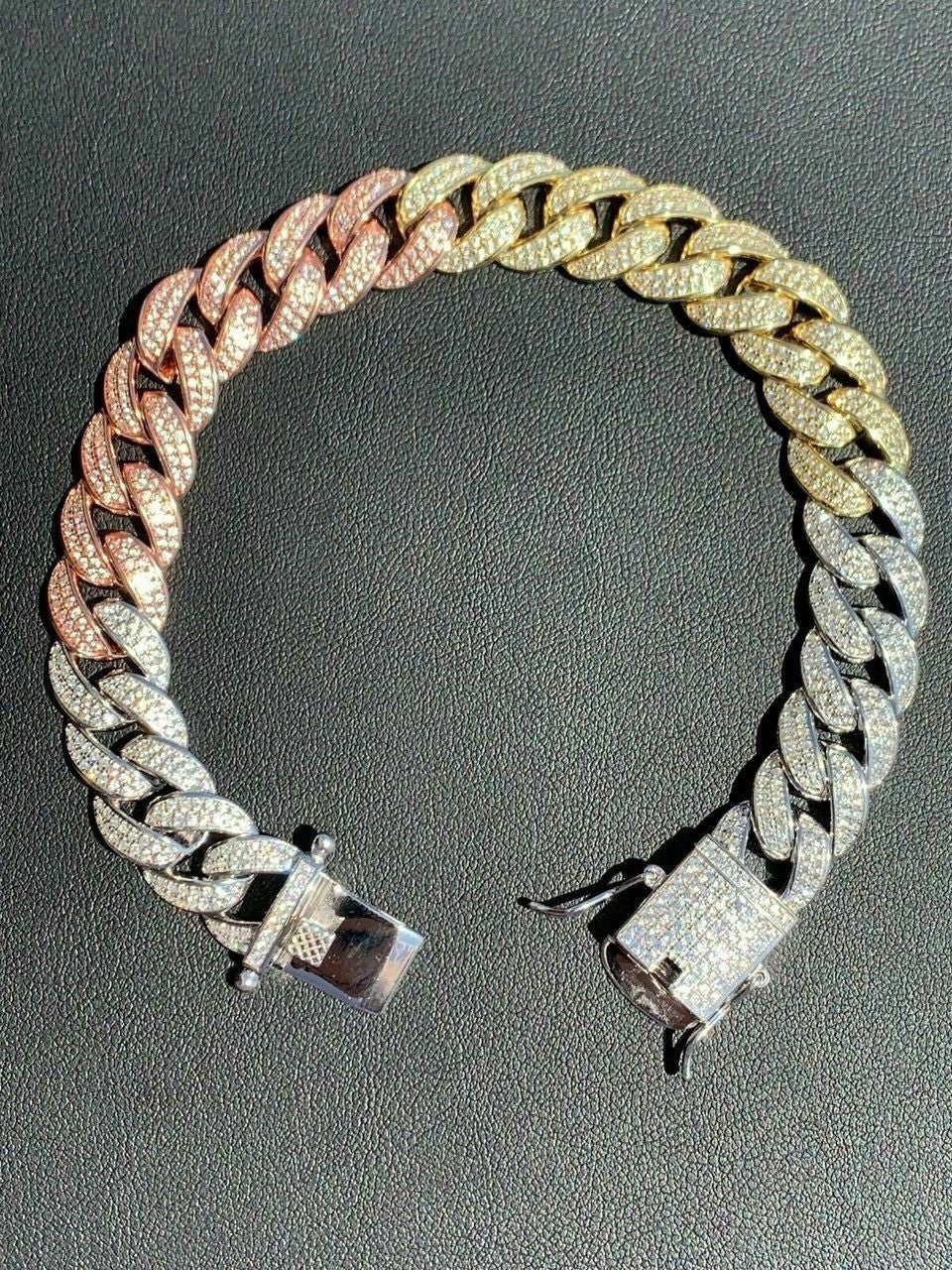HarlemBling Mens Miami Cuban Link Bracelet Real Solid 925 Silver Diamonds 12mm Tri Color ICY