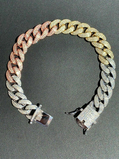 HarlemBling Mens Miami Cuban Link Bracelet Real Solid 925 Silver Diamonds 12mm Tri Color ICY