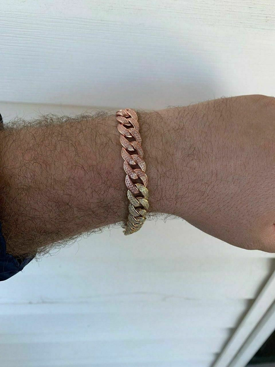 HarlemBling Mens Miami Cuban Link Bracelet Real Solid 925 Silver Diamonds 12mm Tri Color ICY