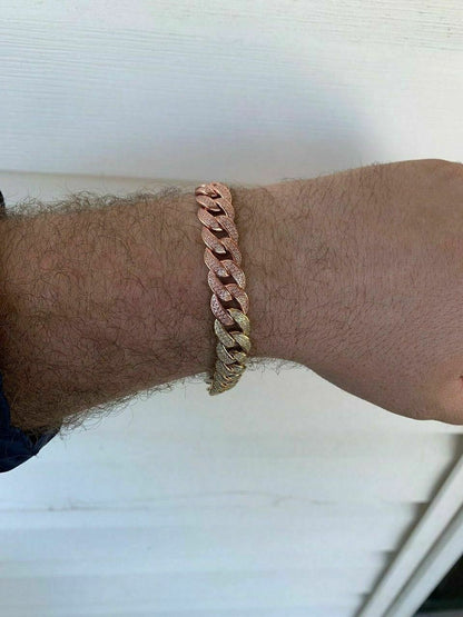HarlemBling Mens Miami Cuban Link Bracelet Real Solid 925 Silver Diamonds 12mm Tri Color ICY