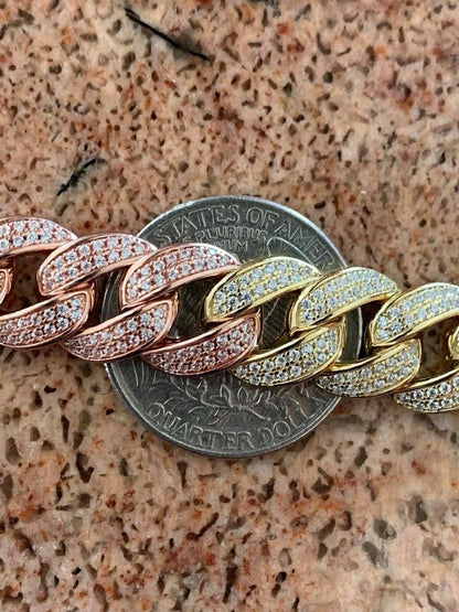 HarlemBling Mens Miami Cuban Link Bracelet Real Solid 925 Silver Diamonds 12mm Tri Color ICY