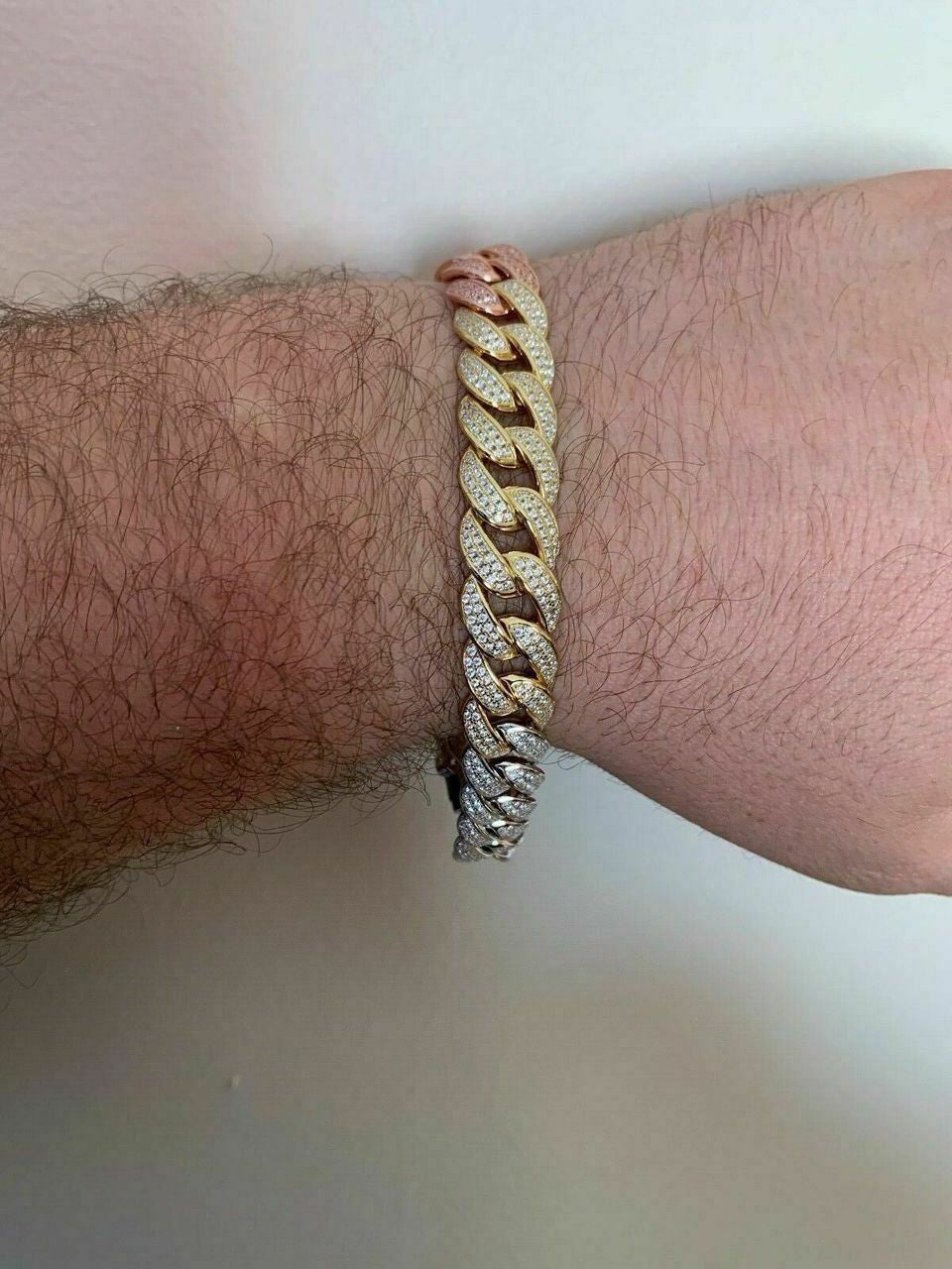 HarlemBling Mens Miami Cuban Link Bracelet Real Solid 925 Silver Diamonds 12mm Tri Color ICY