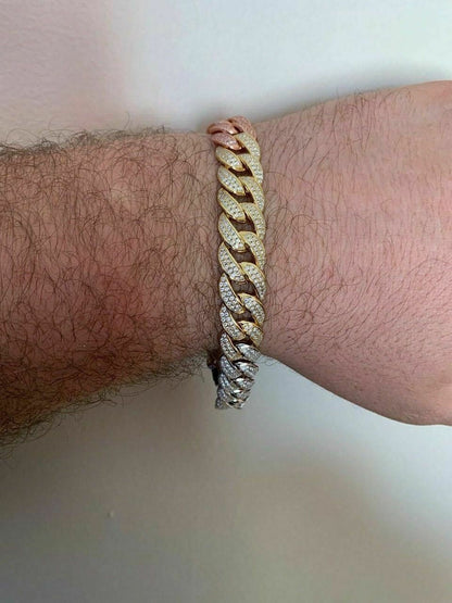 HarlemBling Mens Miami Cuban Link Bracelet Real Solid 925 Silver Diamonds 12mm Tri Color ICY