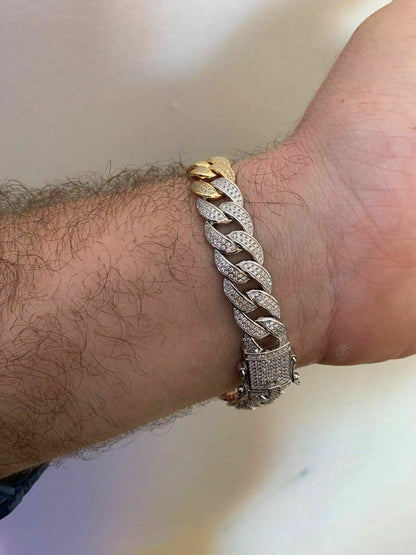 HarlemBling Mens Miami Cuban Link Bracelet Real Solid 925 Silver Diamonds 12mm Tri Color ICY