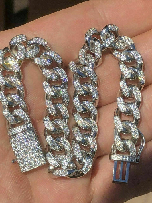 HarlemBling Mens Miami Cuban Link Bracelet Solid 925 St Sterling Silver ICY Diamonds 10mm