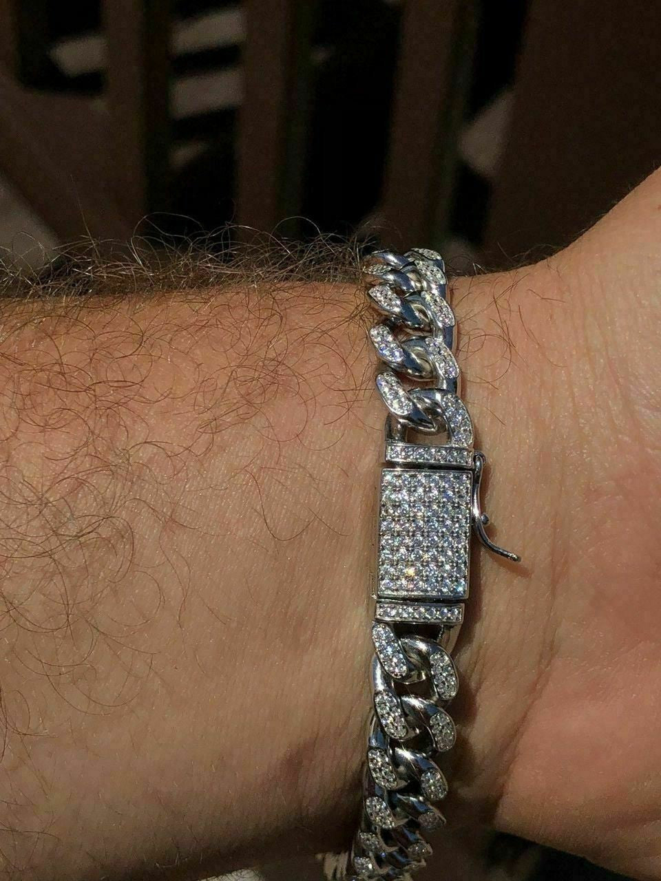 HarlemBling Mens Miami Cuban Link Bracelet Solid 925 St Sterling Silver ICY Diamonds 10mm