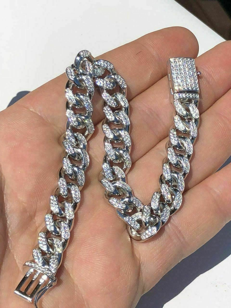 HarlemBling Mens Miami Cuban Link Bracelet Solid 925 St Sterling Silver ICY Diamonds 10mm