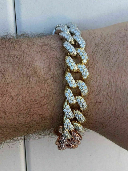 HarlemBling Mens Miami Cuban Link Bracelet Tri Color Solid 925 Silver Rose Yellow Gold Iced