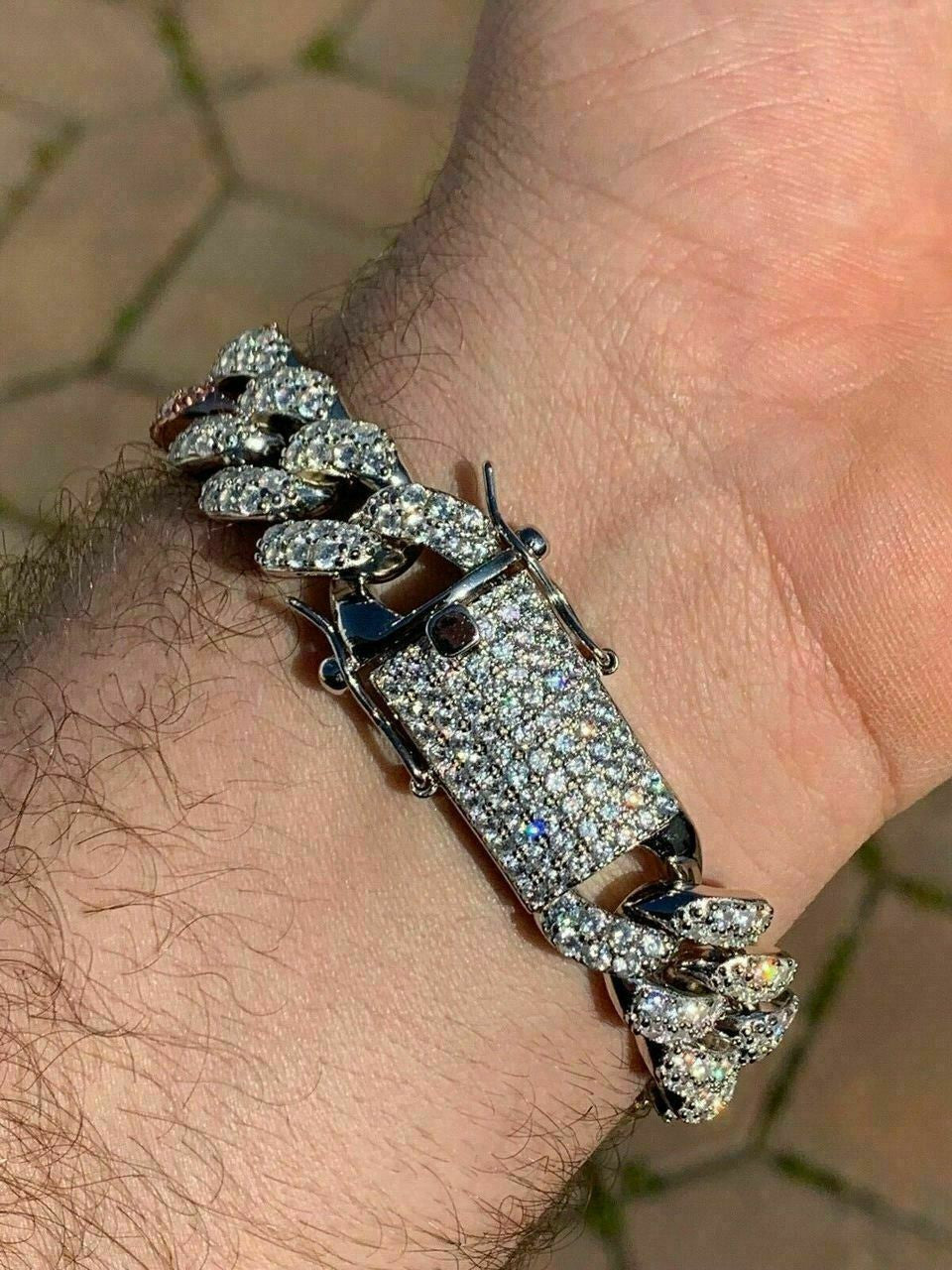 HarlemBling Mens Miami Cuban Link Bracelet Tri Color Solid 925 Silver Rose Yellow Gold Iced