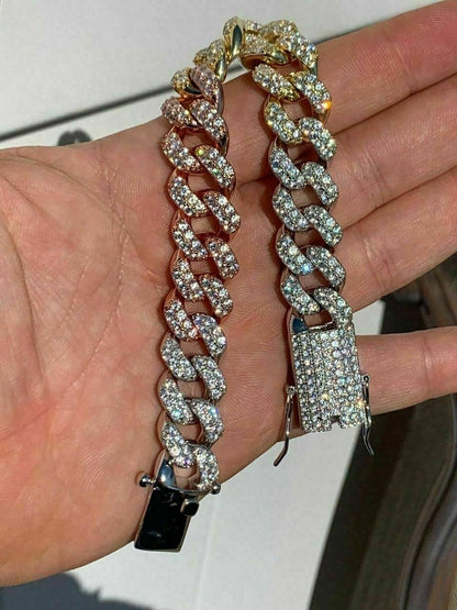 HarlemBling Mens Miami Cuban Link Bracelet Tri Color Solid 925 Silver Rose Yellow Gold Iced