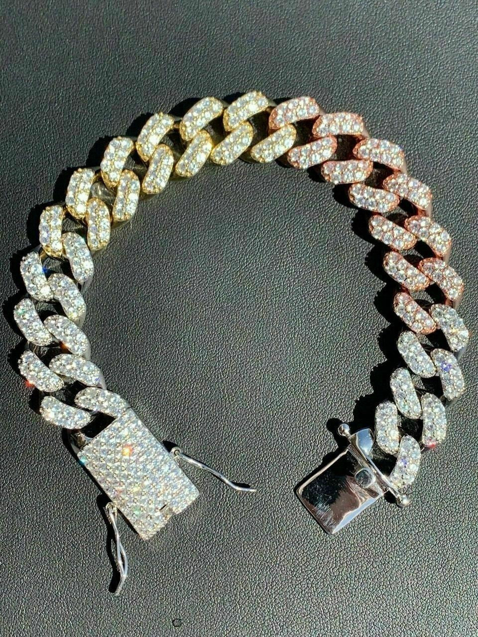 HarlemBling Mens Miami Cuban Link Bracelet Tri Color Solid 925 Silver Rose Yellow Gold Iced