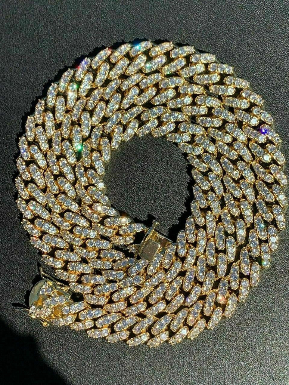 HarlemBling Mens Miami Cuban Link Chain 14k Gold Over Solid 925 Silver Iced Necklace HEAVY