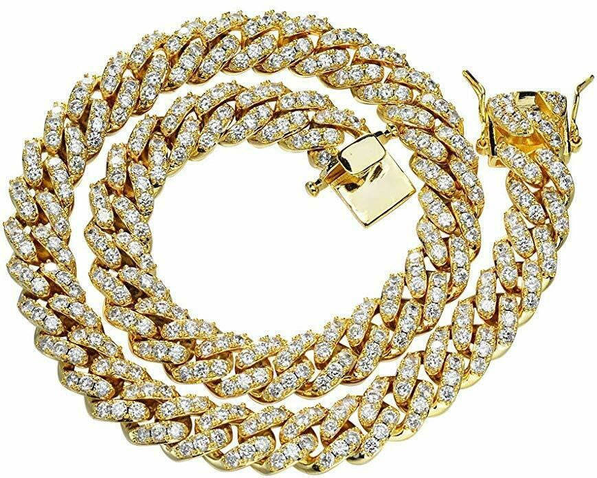HarlemBling Mens Miami Cuban Link Chain 14k Gold Over Solid 925 Silver Iced Necklace HEAVY