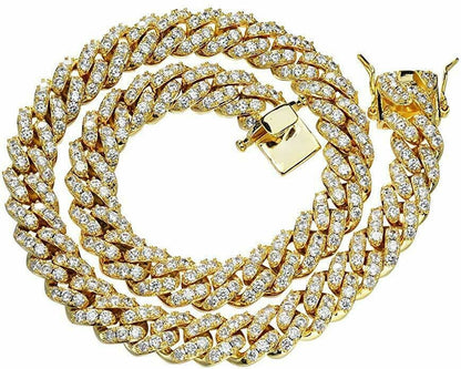 HarlemBling Mens Miami Cuban Link Chain 14k Gold Over Solid 925 Silver Iced Necklace HEAVY
