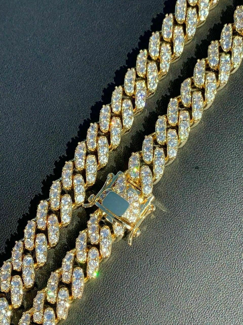 HarlemBling Mens Miami Cuban Link Chain 14k Gold Over Solid 925 Silver Iced Necklace HEAVY