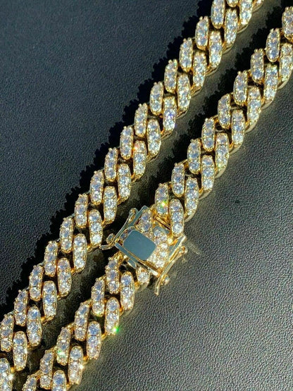 HarlemBling Mens Miami Cuban Link Chain 14k Gold Over Solid 925 Silver Iced Necklace HEAVY