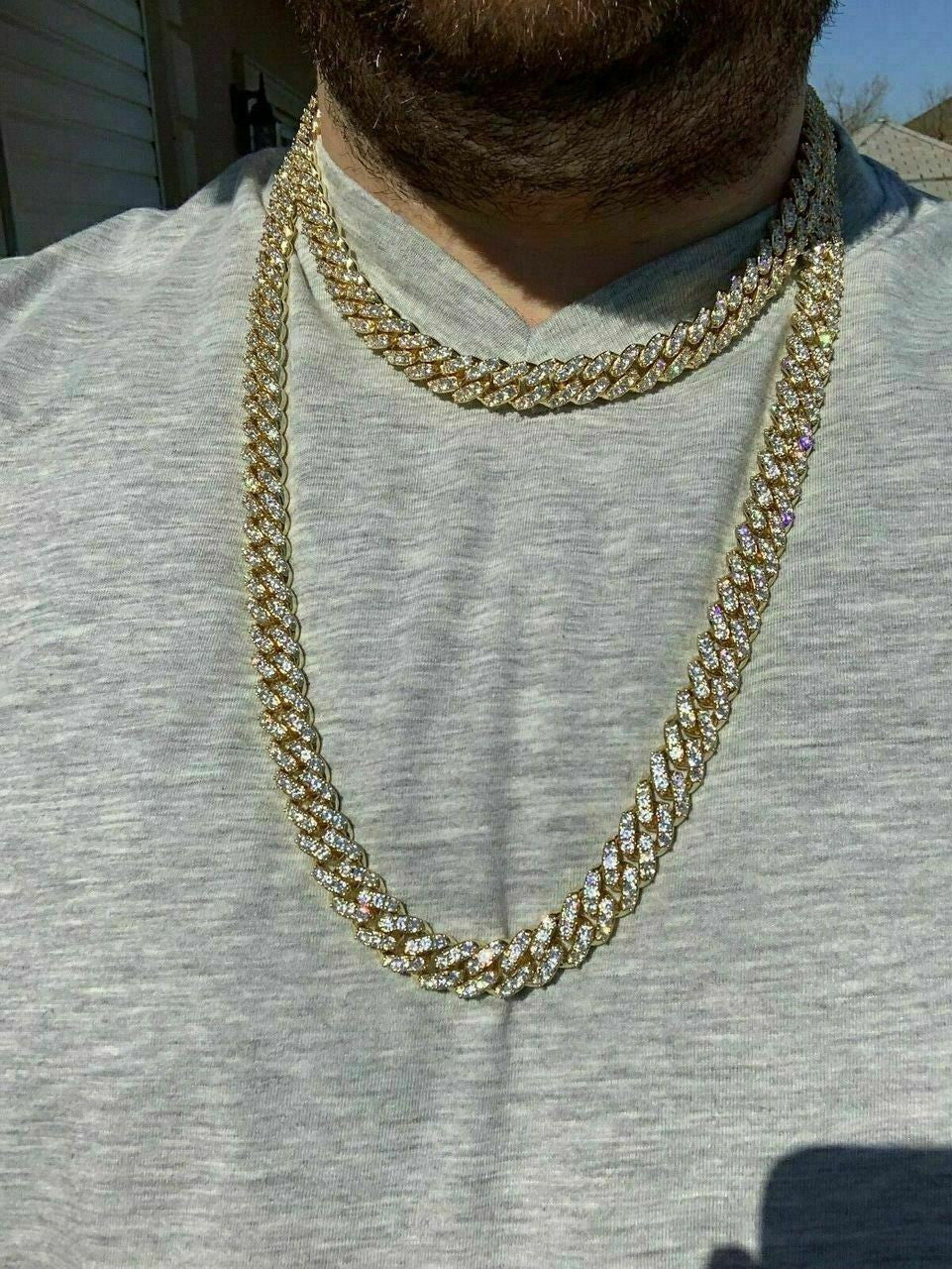 HarlemBling Mens Miami Cuban Link Chain 14k Gold Over Solid 925 Silver Iced Necklace HEAVY